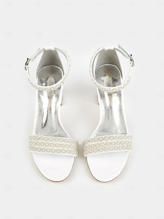 Strap with Ankle Ivory Open-Toe Heels for Pearl-Embellished