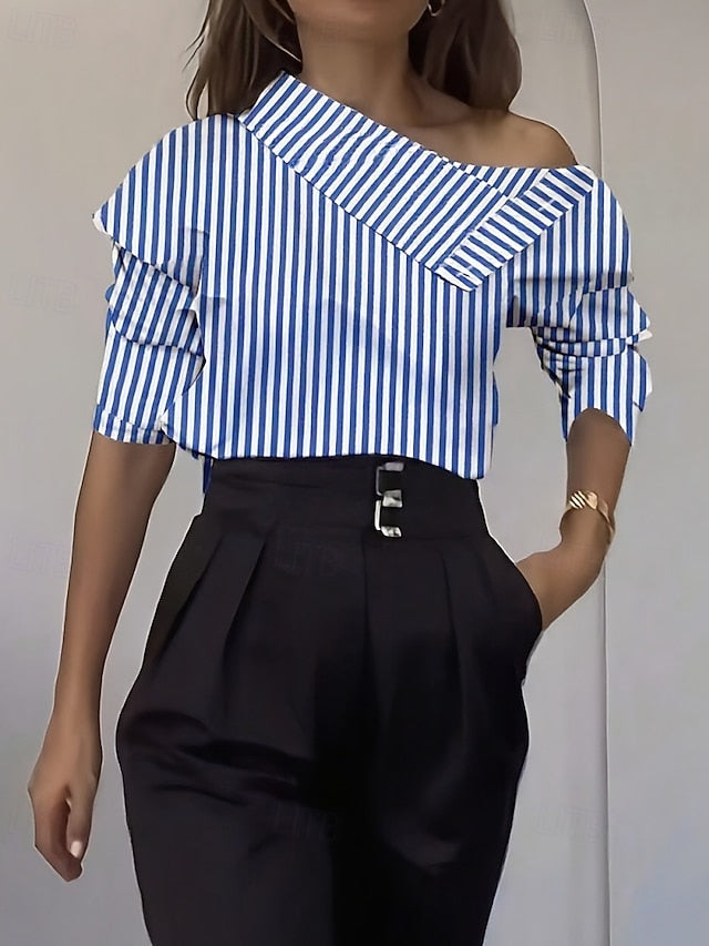 Women's Shirt Blouse Buttons Striped Stylish Long Sleeve