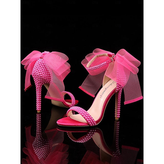 Wedding and White Embellished Bow with Pearl Women's Heels