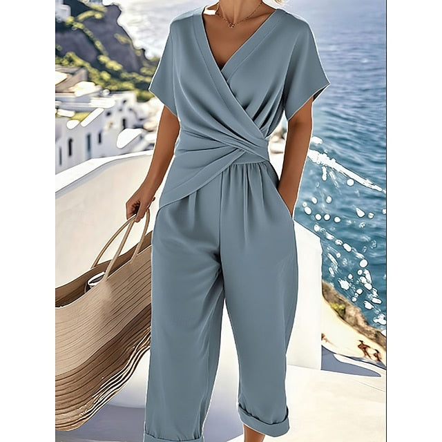 Women's Pants Sets Bolero Top Short Sleeve V Neck Plain