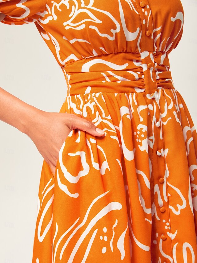 Abstract art print Linen-Like Fabric Waist-Cinching Maxi Dress