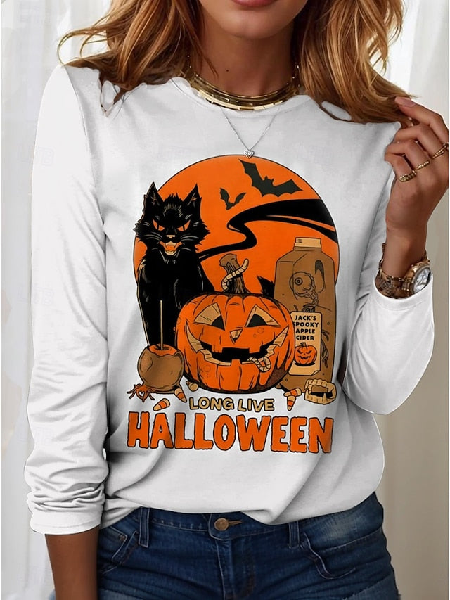 Women's T shirt Black Cat Graphic Cat Pumpkin Vintage