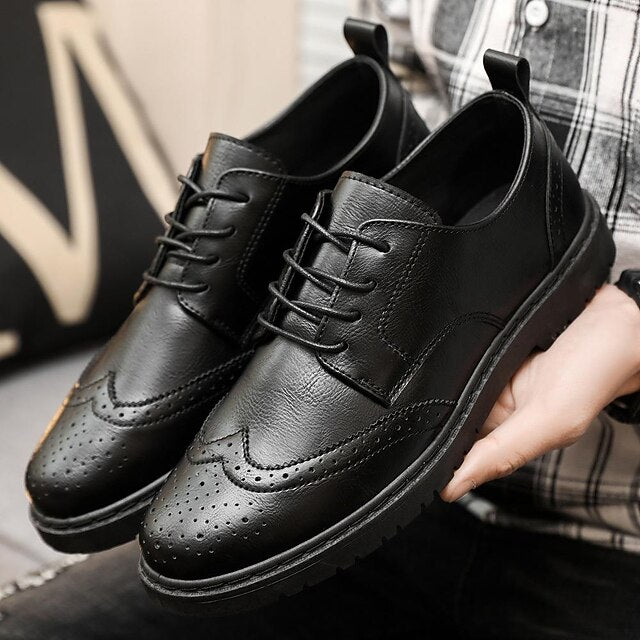 – Men's Leather Faux Shoes Black Classic Oxford Brogue