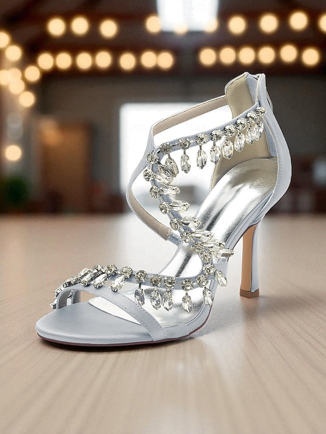White Sandals Heel Rhinestone High Women's with Strappy