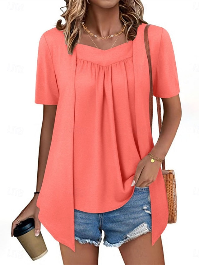 Women's T Shirt Tee Top Ruched Fake two piece Plain Fashion