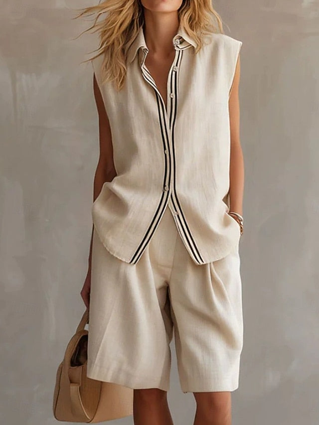Women's Two Piece Sets Shorts Sets Sleeveless Shirt Collar