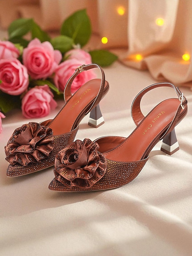 with Rhinestone Women's Purple Floral Heels Slingback