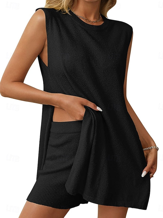 Women's Shorts Sets Bolero Top Sleeveless Crew Neck Plain