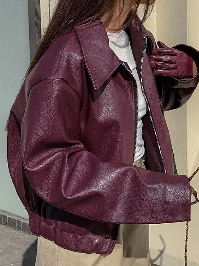 Zipper Pocket Leather Faux Jacket Women's Warm Comfortable