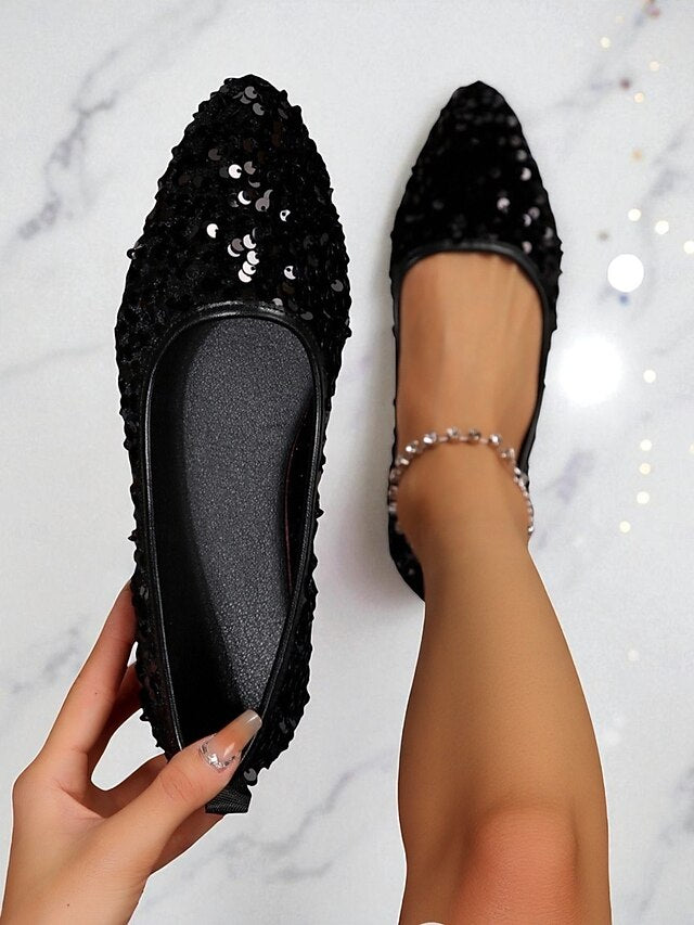 Sequin Women's Ballet Black Flats Toe - Pointed Sparkly