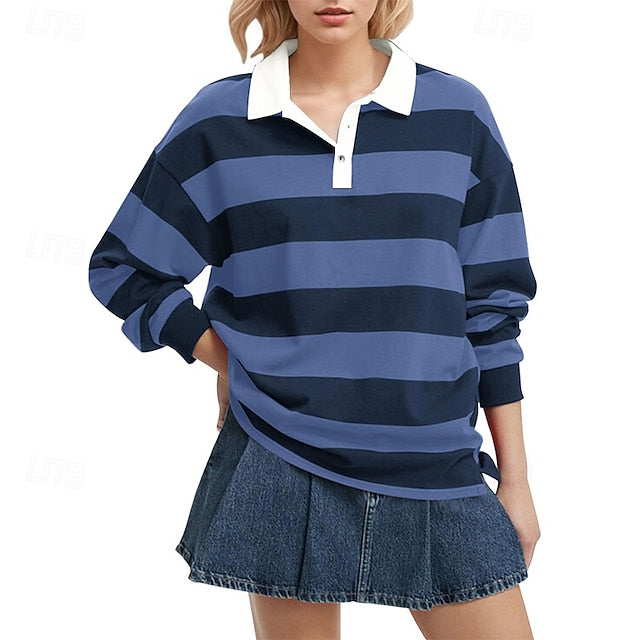 Women's T Shirt Tee Top Buttons Striped Fashion Stylish