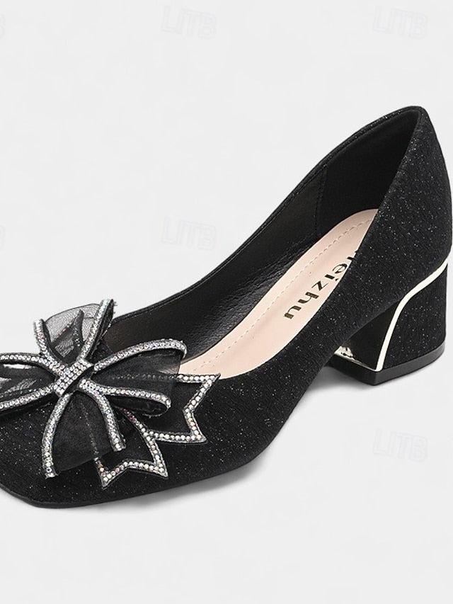 Bow Decoration - Glitter with Block Heel Pumps Gold Women's