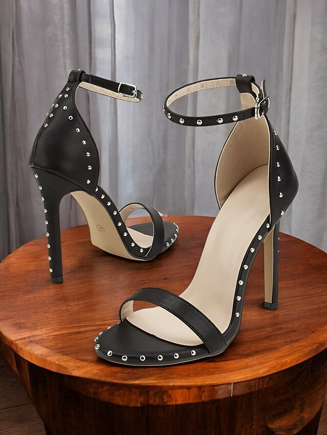Embellishments Silver - Stiletto Black Stud Sandals with