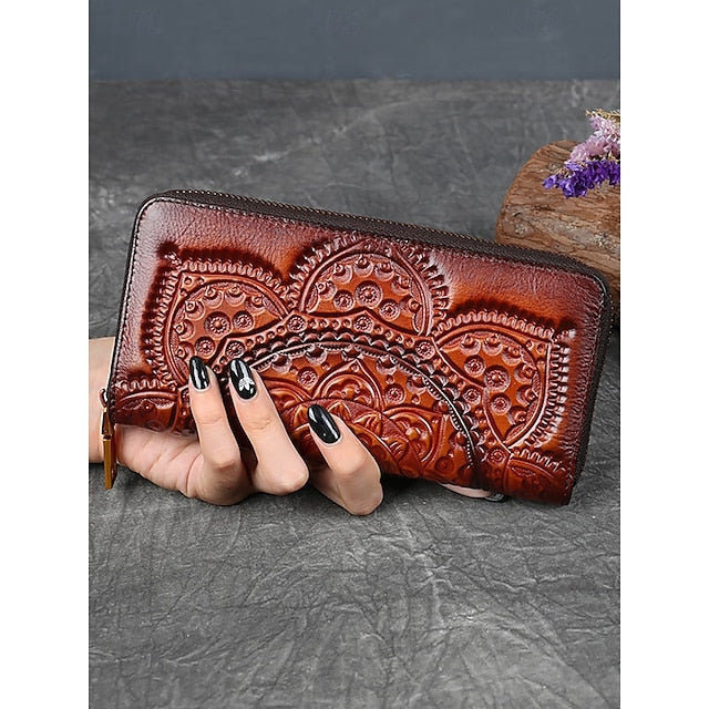 Handmade with elegant mandala leather wallet continental pattern