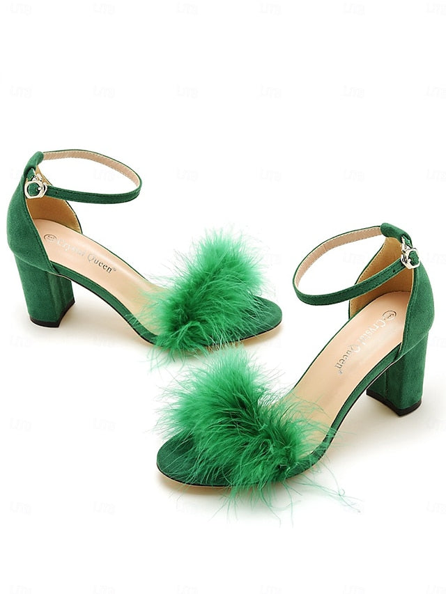 for Feather-Embellished Block Women – Wedding Sandals Heel