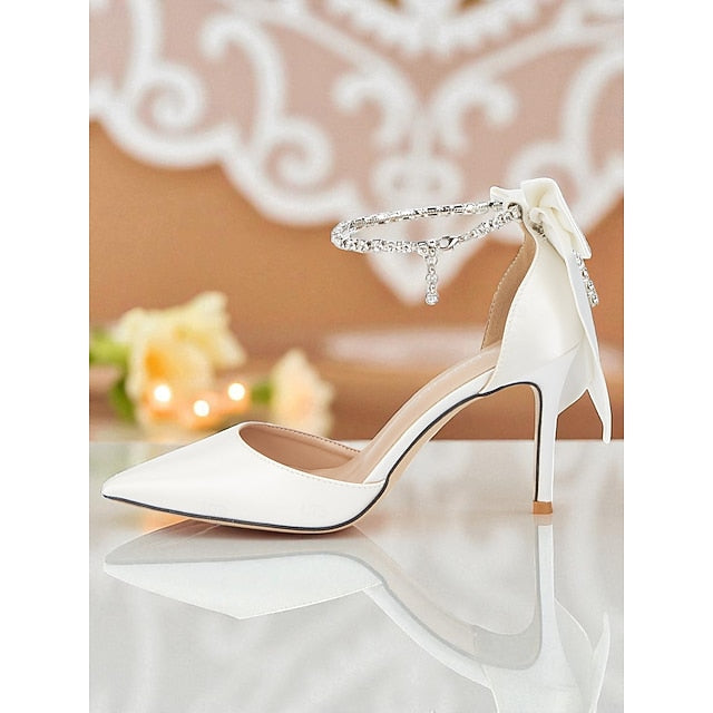 Satin Stiletto with Pointed Women's Toe Bow Ivory and Heels