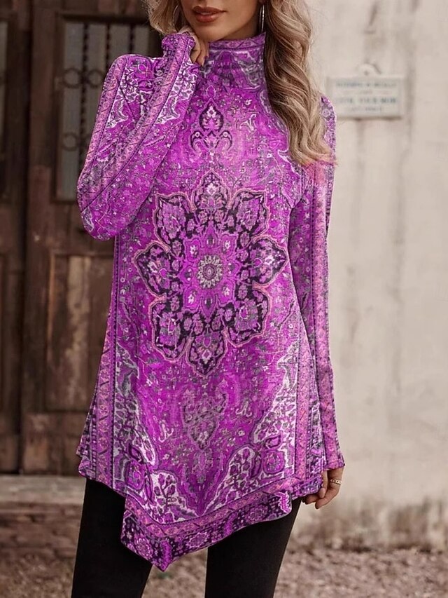 Women's Shirt Blouse Long Sleeve Tops Asymmetric Hem Floral