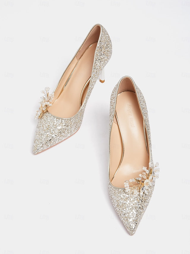 with Silver Heels Women's Stiletto Floral Glitter