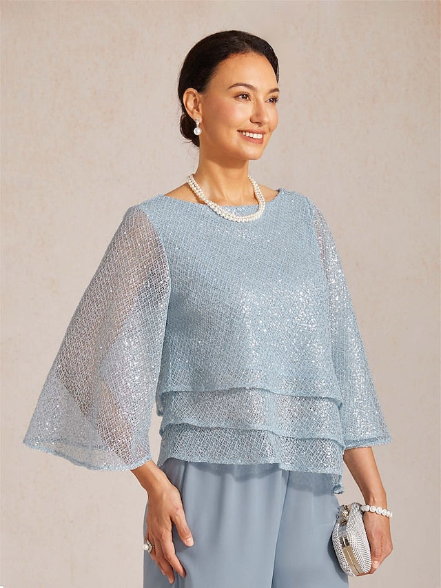 Women's Blouse Lace Tops Sequins Patchwork Illusion Solid