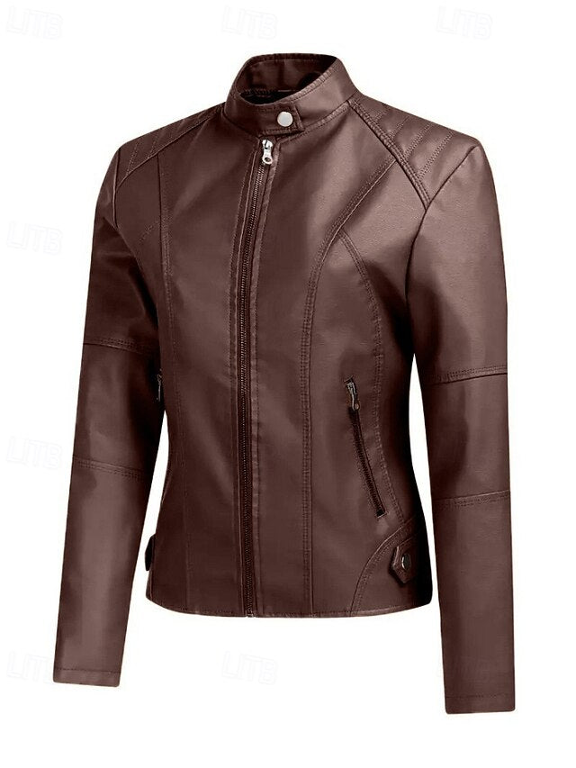 Faux Pocket Leather Comfortable Women's Zipper Jacket