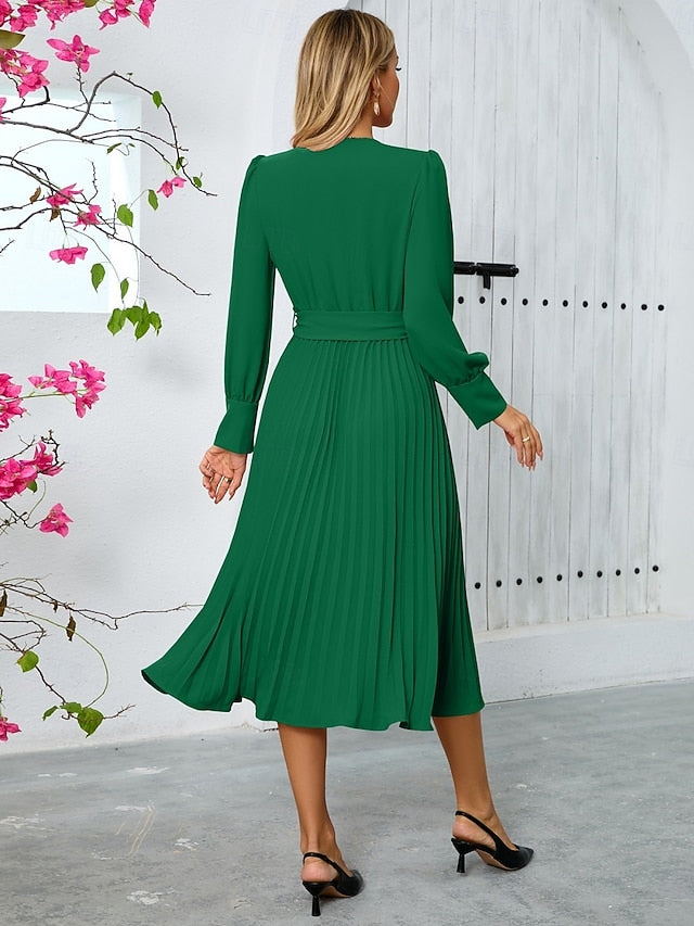 Women's Casual Dress Midi Dress Belted Casual V Neck Long