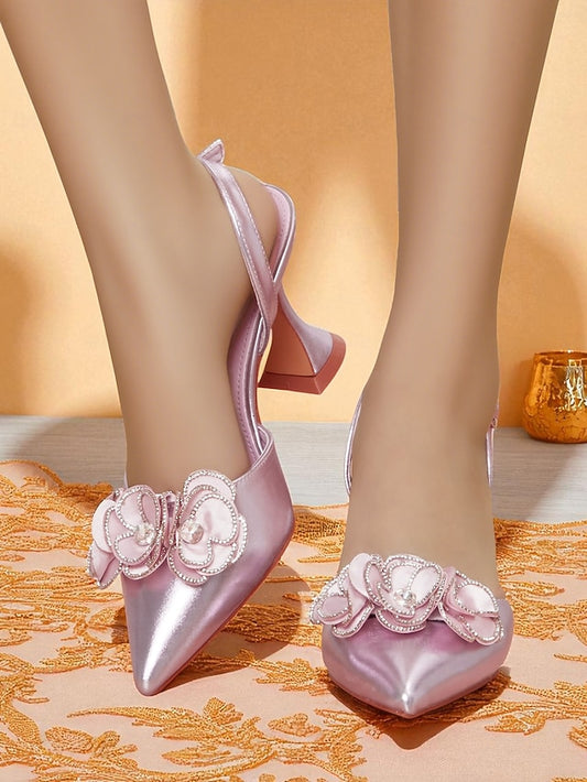 Floral Satin Heels Pointed Women's with Pink Toe