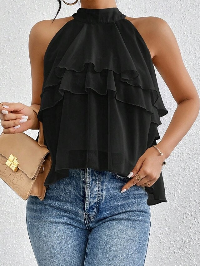 Women's Tank Top Tee Top Ruffle Solid Color Elegant Fashion