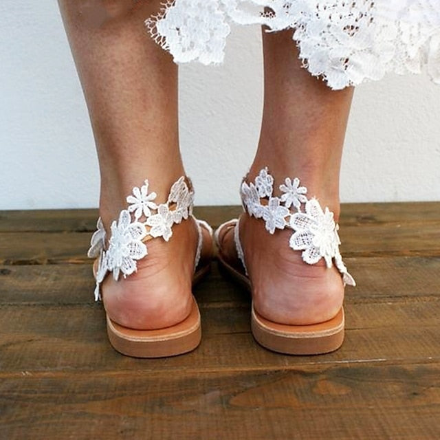 Lace with White Bridal Sandals Floral Women's Flat