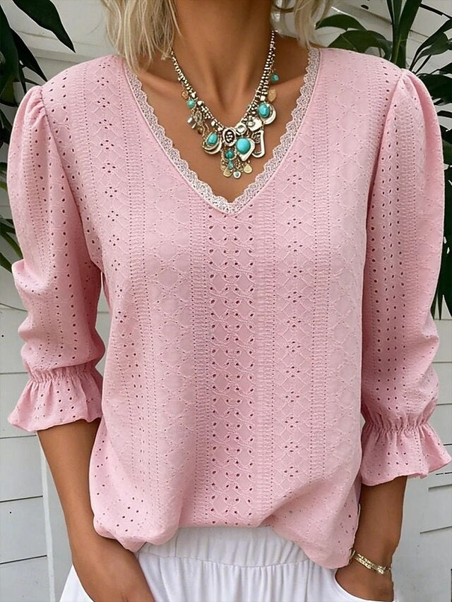 Women's Shirt Blouse Eyelet top Long Sleeve Tops Eyelet