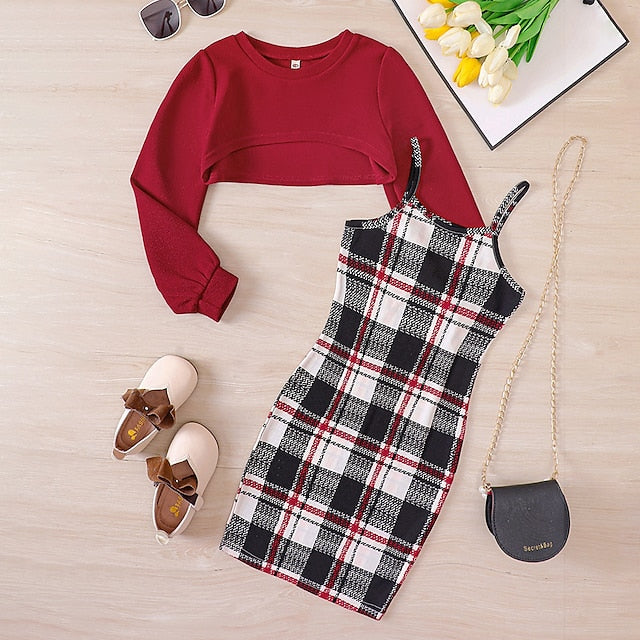 Dress Color Girls' Block Pieces 2 Kids Suits Set Long