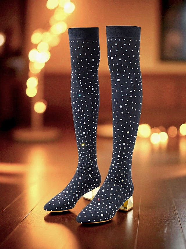 Black Pointed Women's Over-the-Knee with Boots Rhinestone