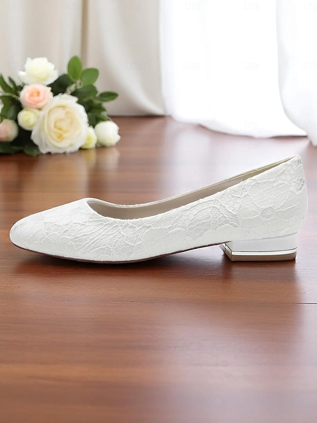 Low Women's Wedding Ivory Heel Lace Flats