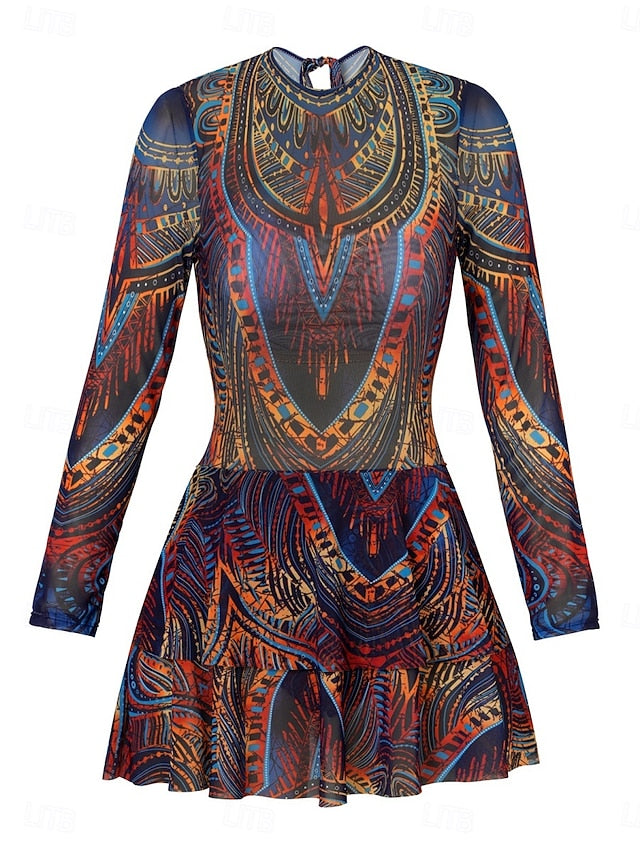 Women's One Piece Swimsuit with Skirt Boho Dress Tummy