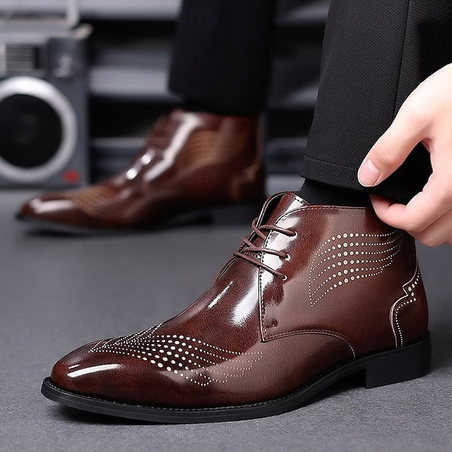 Burgundy Glossy Wingtip Faux Brogue Ankle Leather Men's