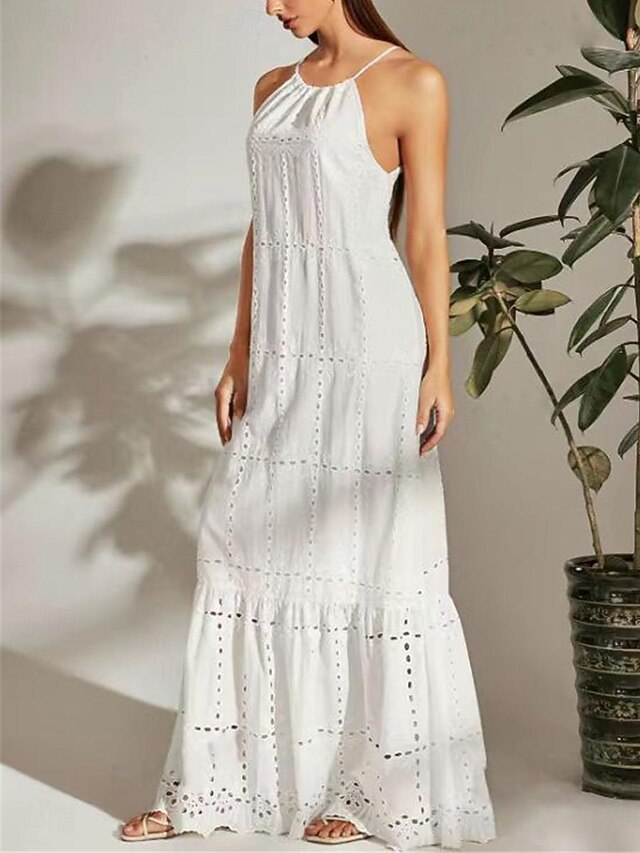 Women's Black White Summer Spring Maxi Dress Cotton Blend
