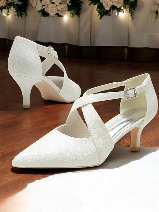 Glitter Heels Rhinestone Buckle Cross White Kitten Strap with