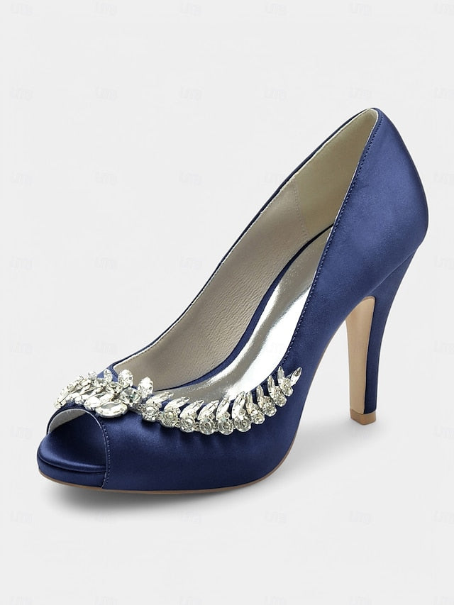 Blue Embellishment Heels Luxury with Crystal Peep-Toe – Satin