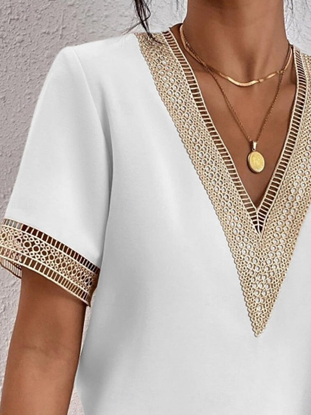 Women's Elegant Lace Tops Eyelet Blouse Lace Work Stylish