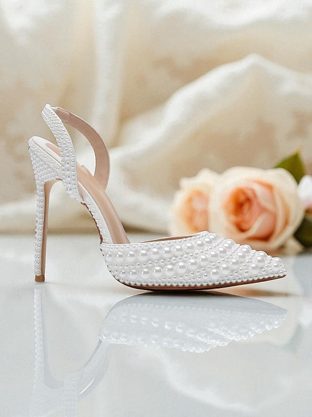 Women's Leather - Heels Pearl-Embellished Slingback White