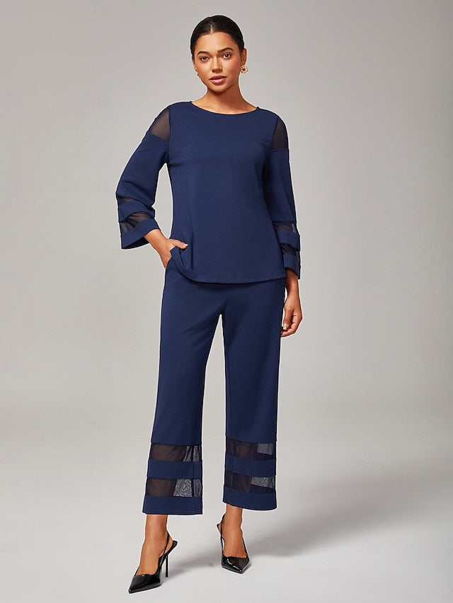 Women's Navy Blue Modal Chiffon Matching Set Fitted Blouse