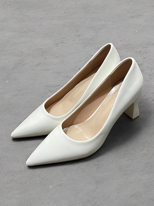 Pointed-Toe Heel Block Leather Patent Pumps Green Faux Glossy