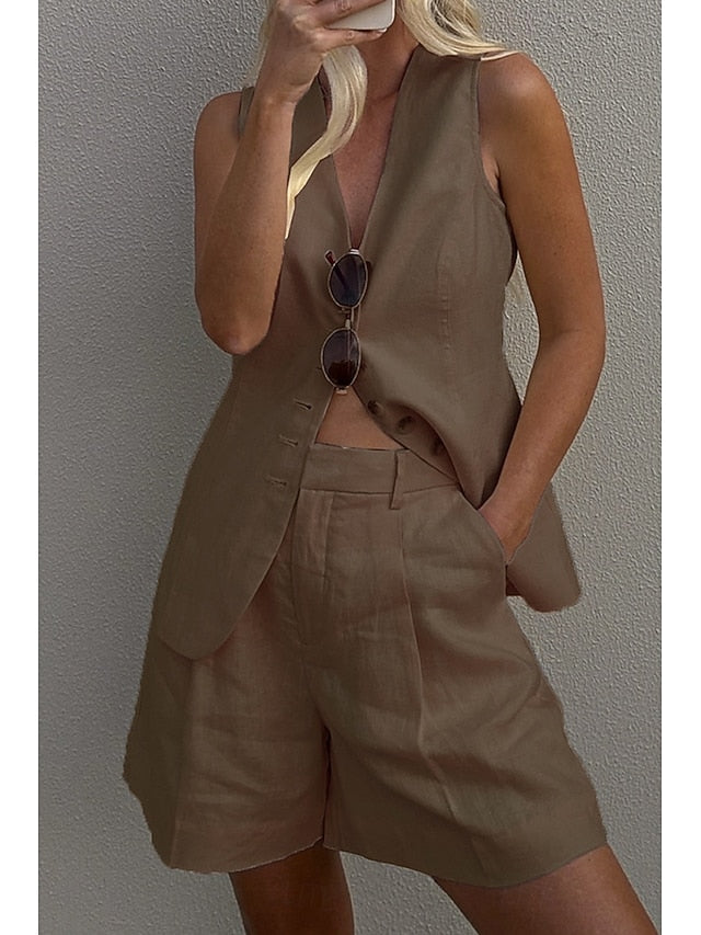 Women's Blouse Shorts Sets Sleeveless V Neck Solid Color