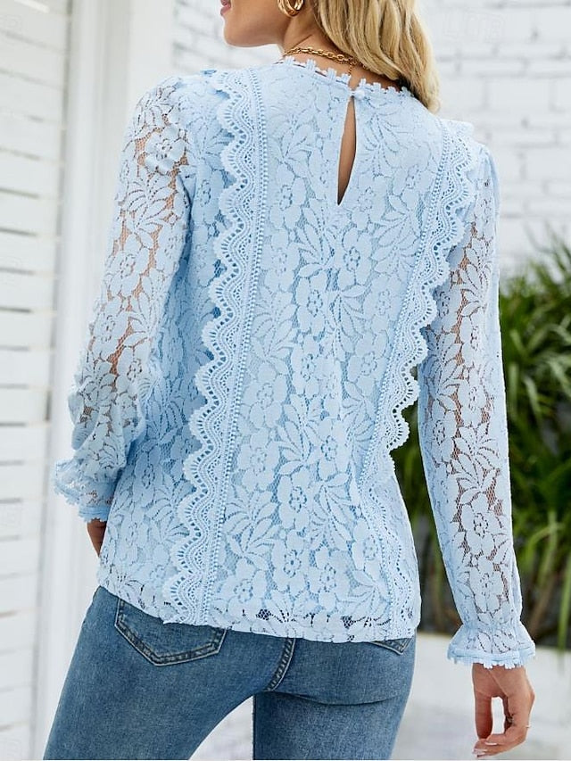 Women's Elegant Lace Tops Eyelet Blouse Elegant Solid Color