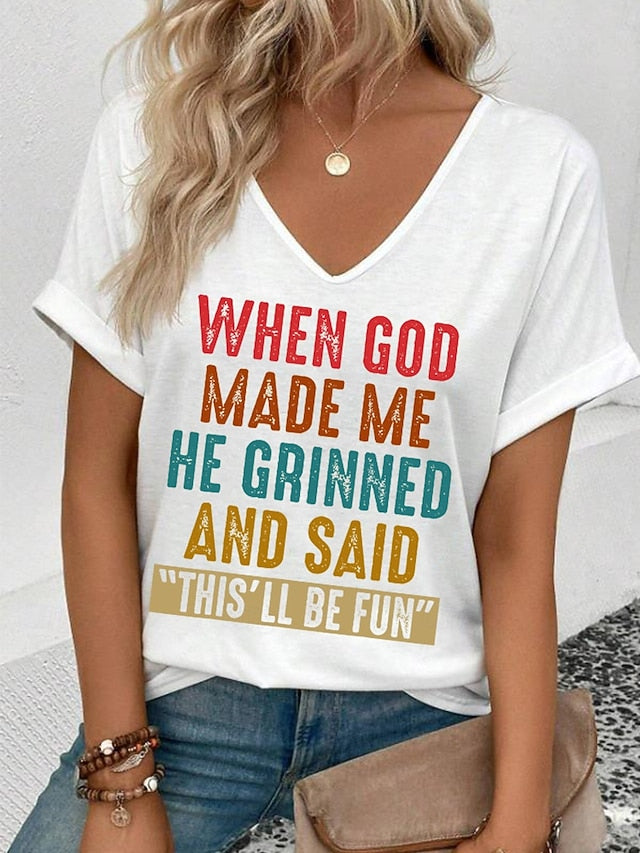 Women's T Shirt Print Graphic Letter Casual Short Sleeve V