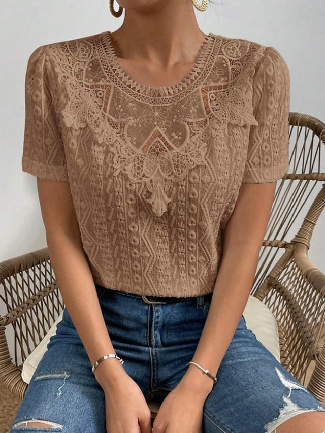 Women's T Shirt Lace Patchwork Plain Fashion Modern Casual