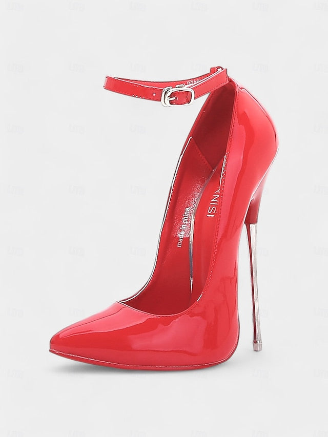 Stiletto Red Ankle Heels Strap Patent with Women's Leather