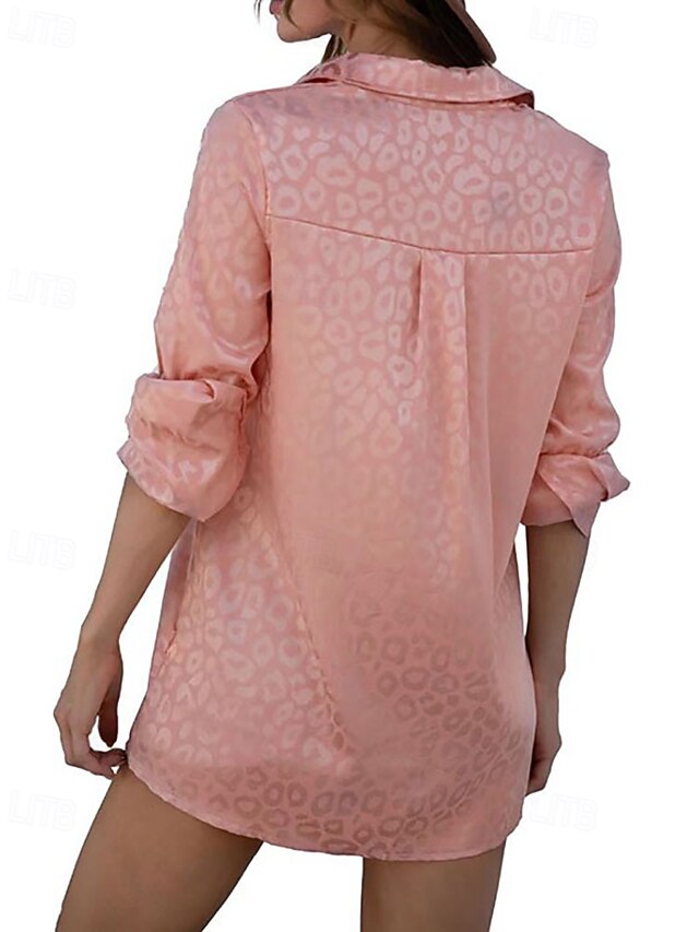 Women's Shirt Elegant Satin Top Blouse Buttons Leopard