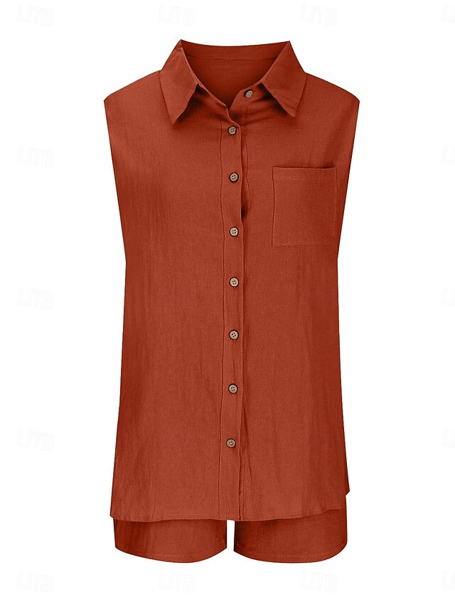 Women's Shorts Sets Sleeveless Shirt Collar Plain Ruched