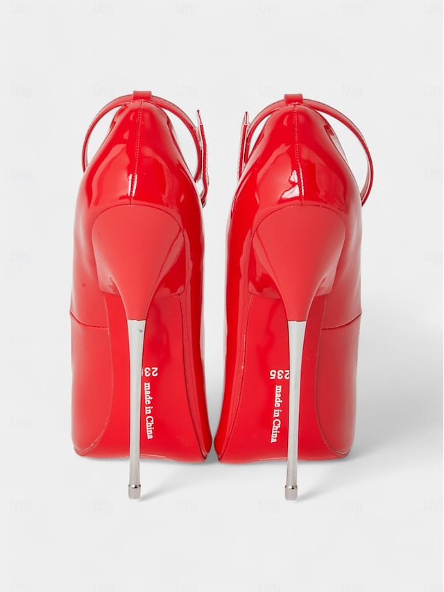Women's Stiletto Heels Red with Leather Patent Strap Ankle