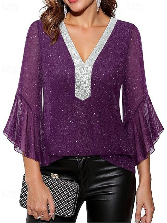 Women's Blouse Sequin Tops Patchwork Color Block Stylish
